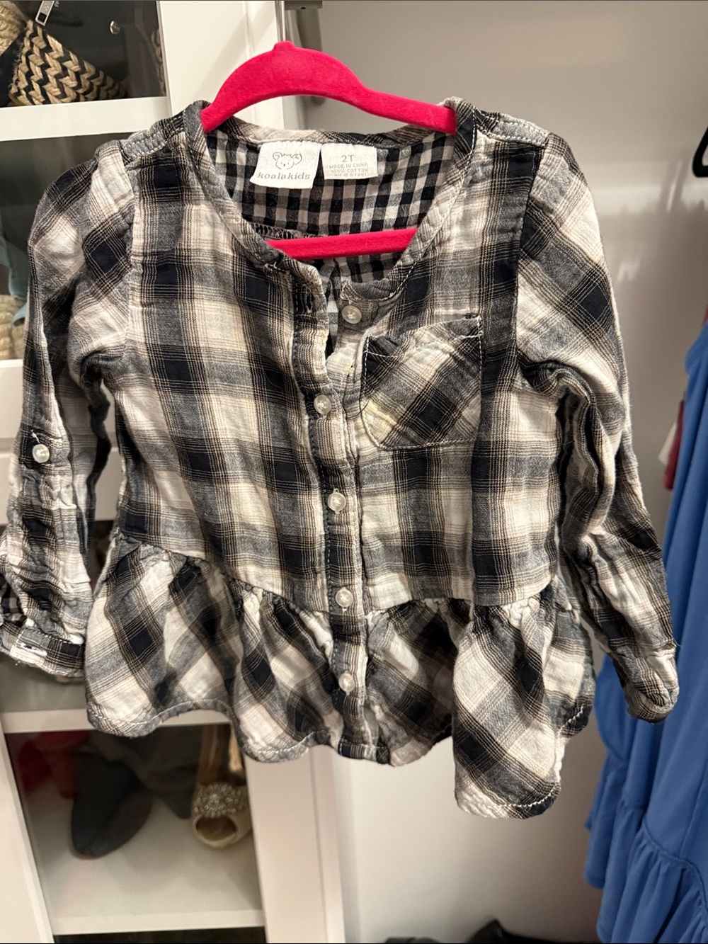Koala Kids Black and White Plaid Peplum Button-Front Top